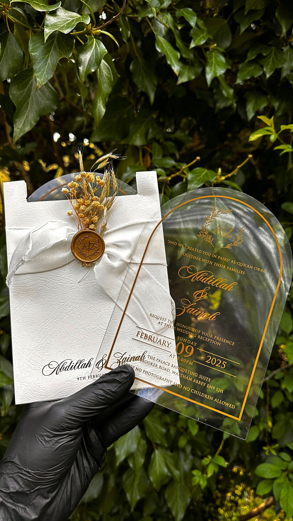 Clear Acrylic Arch Wedding Invitation with White Ribbon & Gold Wax Seal - LunaInvites