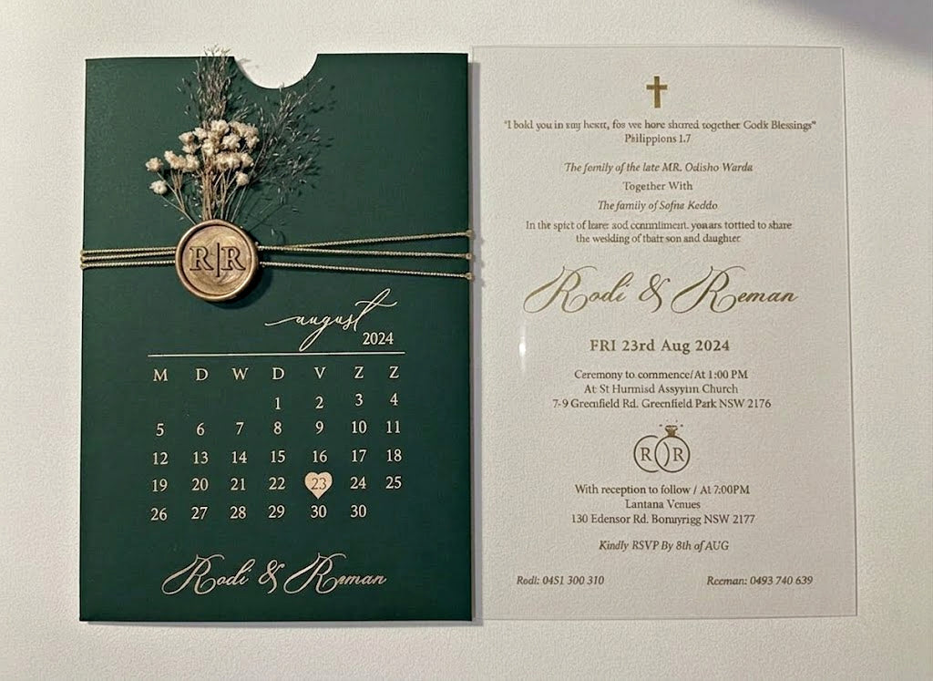 Green Acrylic Wedding Invitation, Gold Foil Clear Card, Calendar Wedding Invite LunaInvites