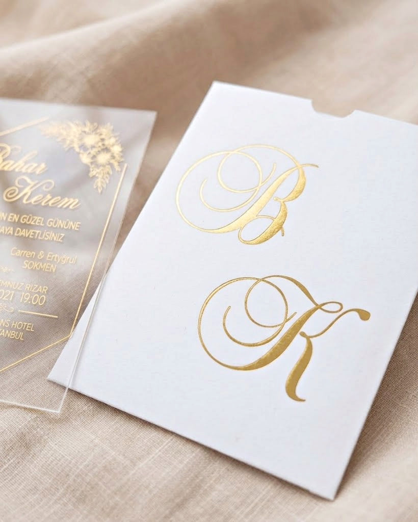 Clear Acrylic Wedding Invitation, Gold Foil Floral Design, Monogram Envelope LunaInvites