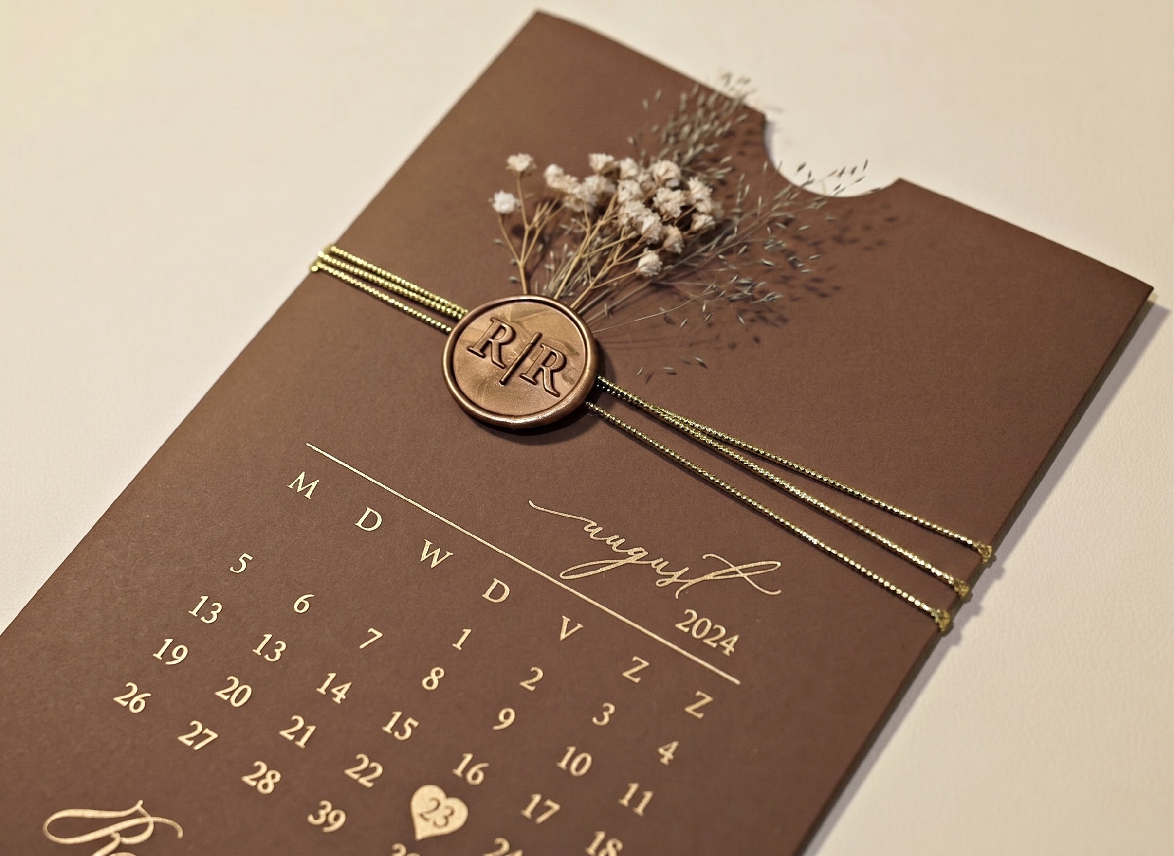 Brown Acrylic Wedding Invitation, Gold Foil Clear Card, Calendar Wedding Invite LunaInvites