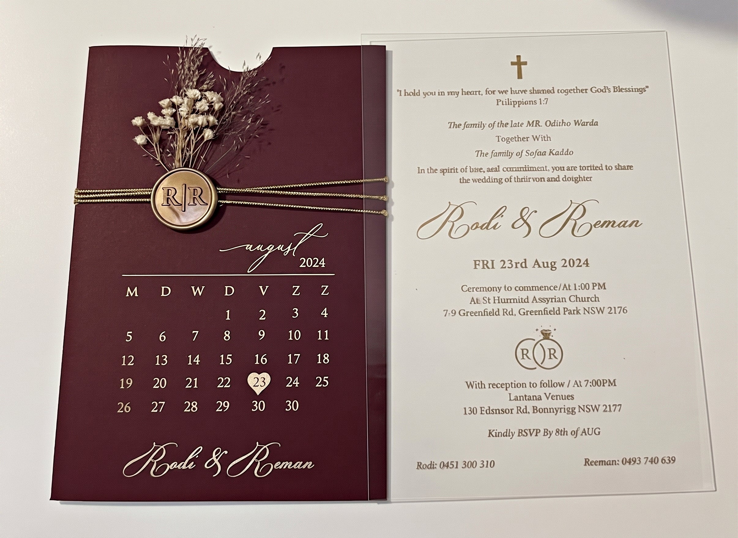 Burgundy Acrylic Wedding Invitation, Gold Foil Clear Card, Calendar Wedding Invite LunaInvites