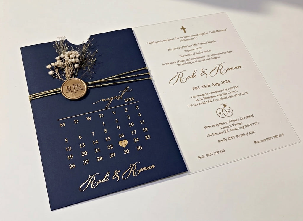Navy Blue Acrylic Wedding Invitation, Gold Foil Clear Card, Calendar Wedding Invite LunaInvites