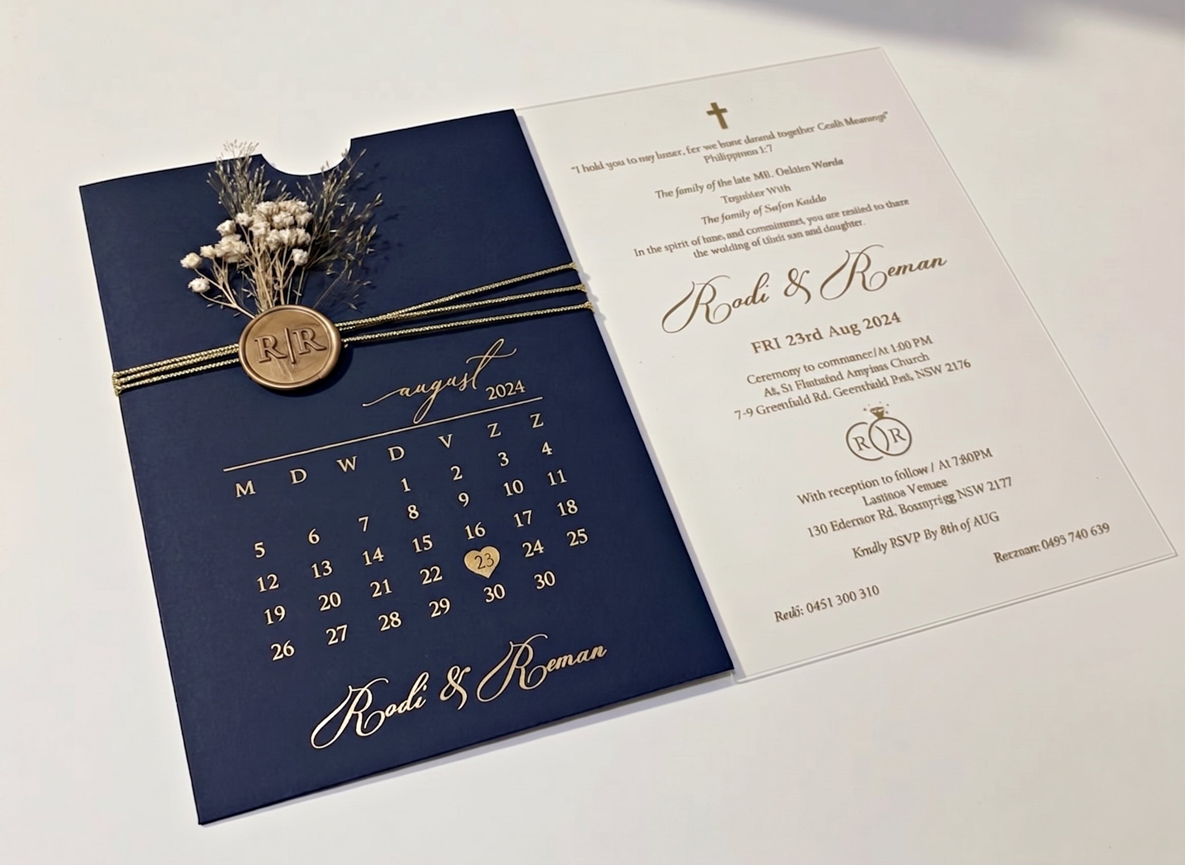 Navy Blue Acrylic Wedding Invitation, Gold Foil Clear Card, Calendar Wedding Invite LunaInvites