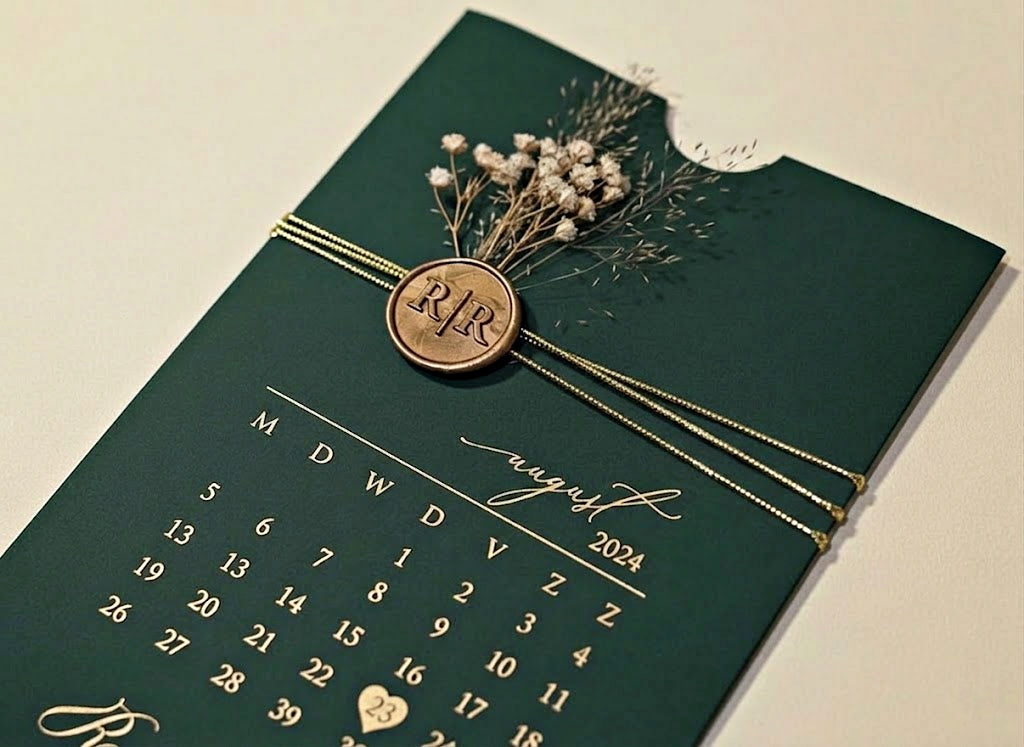 Green Acrylic Wedding Invitation, Gold Foil Clear Card, Calendar Wedding Invite LunaInvites