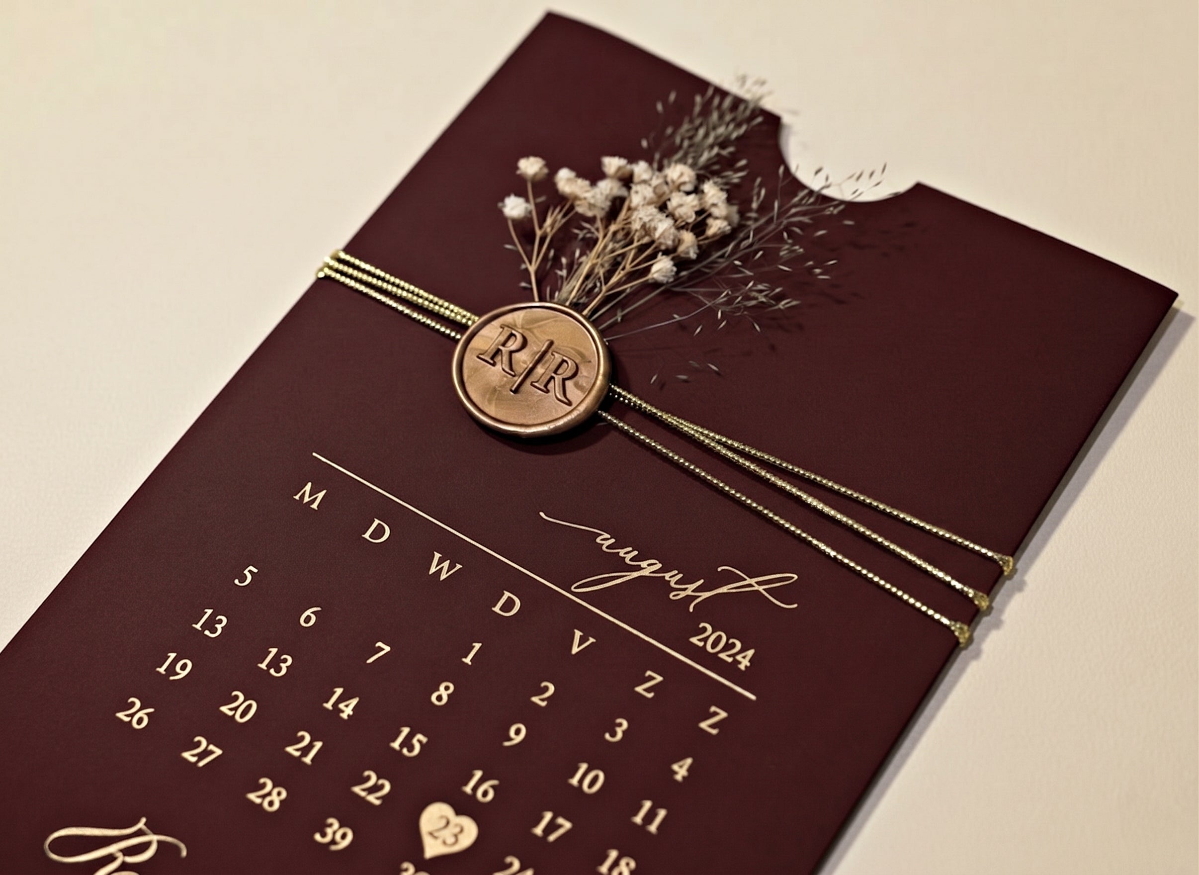 Burgundy Acrylic Wedding Invitation, Gold Foil Clear Card, Calendar Wedding Invite LunaInvites