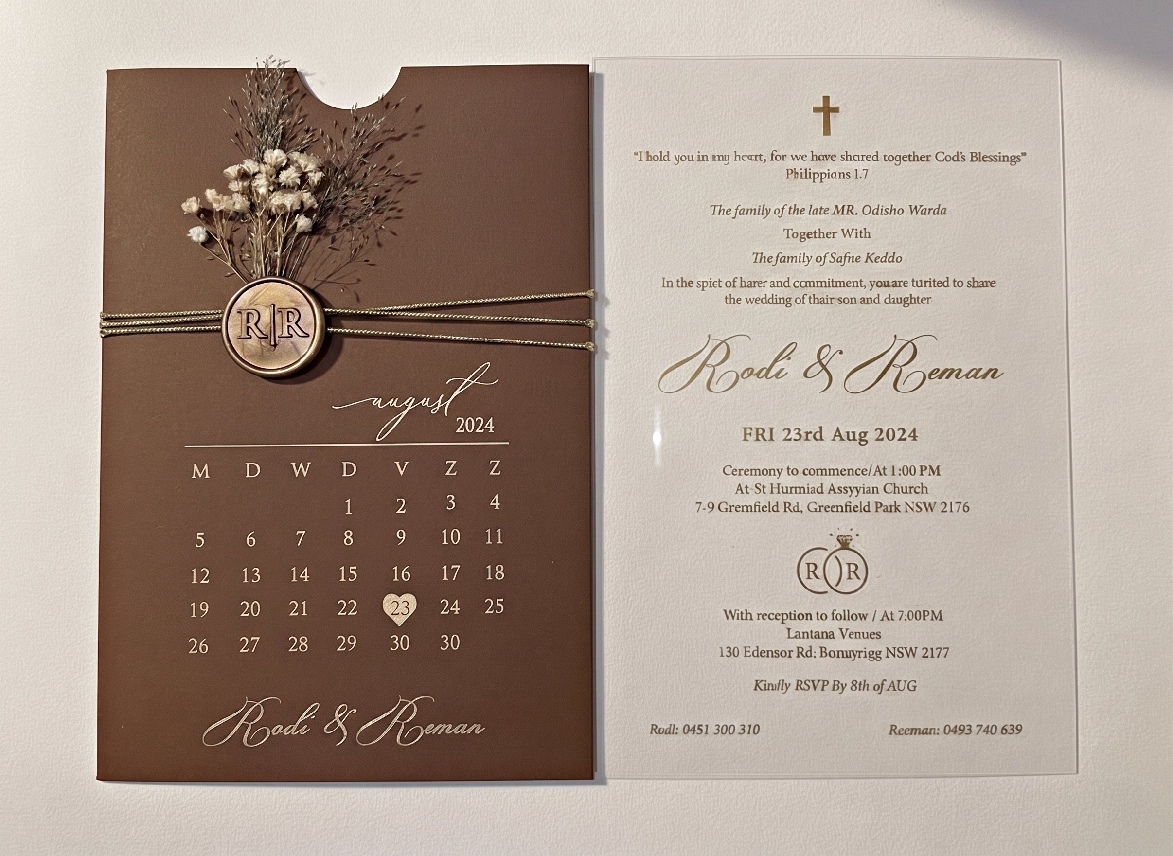 Brown Acrylic Wedding Invitation, Gold Foil Clear Card, Calendar Wedding Invite LunaInvites