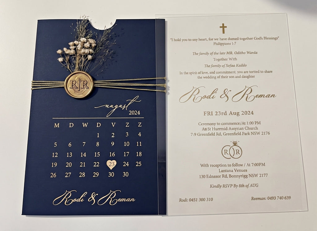 Navy Blue Acrylic Wedding Invitation, Gold Foil Clear Card, Calendar Wedding Invite LunaInvites