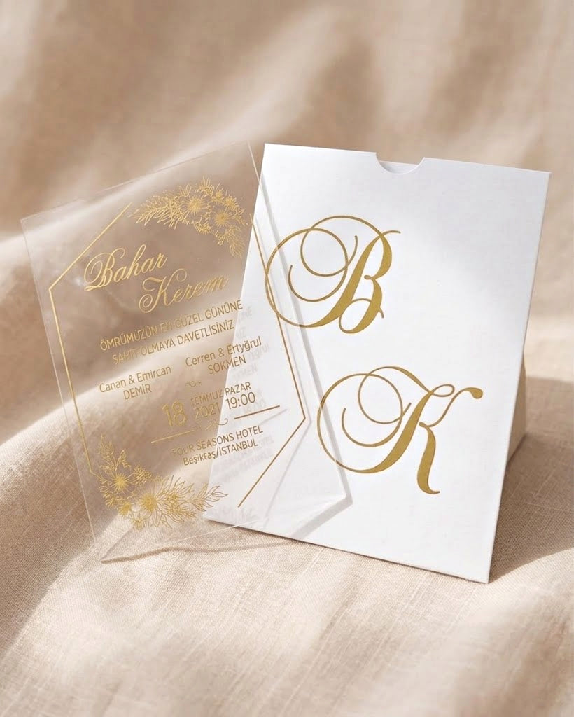 Clear Acrylic Wedding Invitation, Gold Foil Floral Design, Monogram Envelope LunaInvites