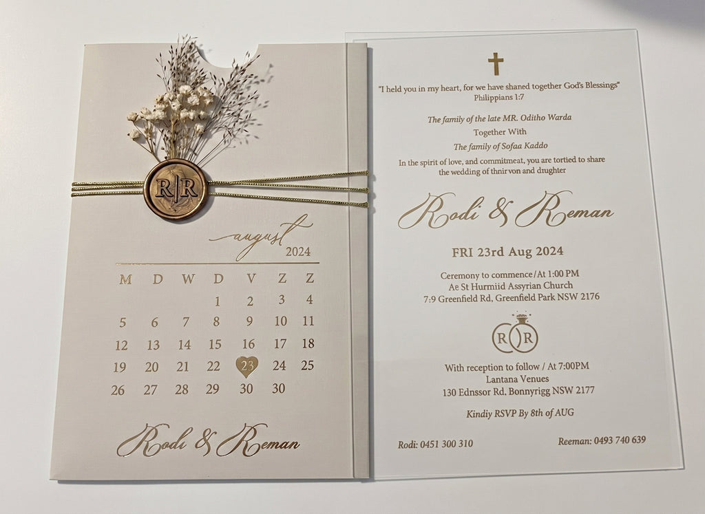 White Acrylic Wedding Invitation, Gold Foil Clear Card, Calendar Wedding Invite LunaInvites