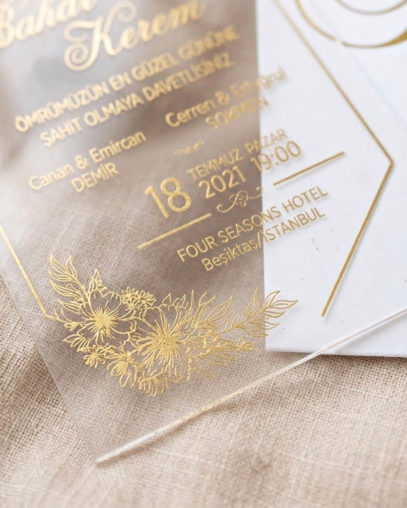 Clear Acrylic Wedding Invitation, Gold Foil Floral Design, Monogram Envelope LunaInvites