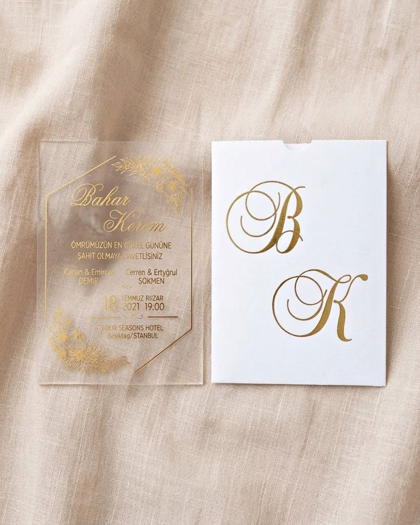 Clear Acrylic Wedding Invitation, Gold Foil Floral Design, Monogram Envelope LunaInvites
