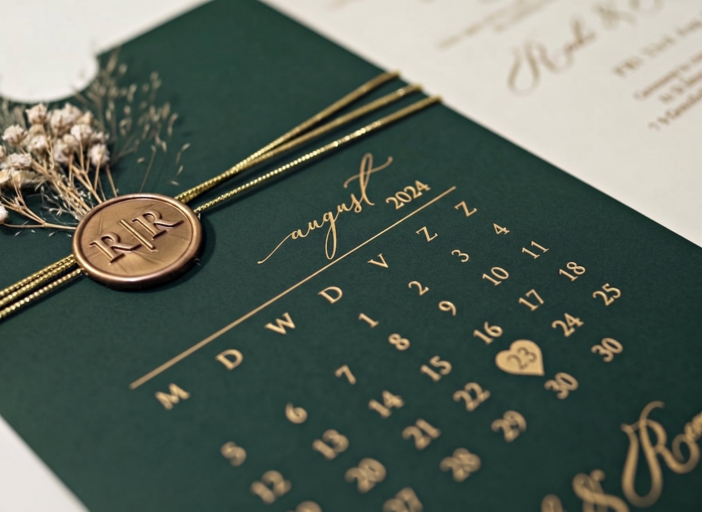 Green Acrylic Wedding Invitation, Gold Foil Clear Card, Calendar Wedding Invite LunaInvites