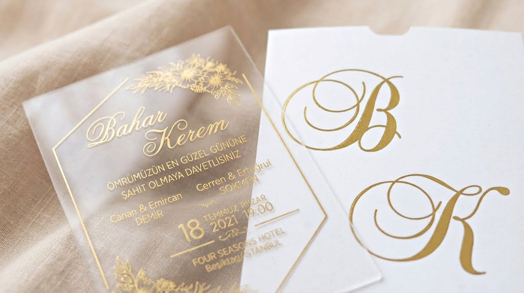 Clear Acrylic Wedding Invitation, Gold Foil Floral Design, Monogram Envelope LunaInvites