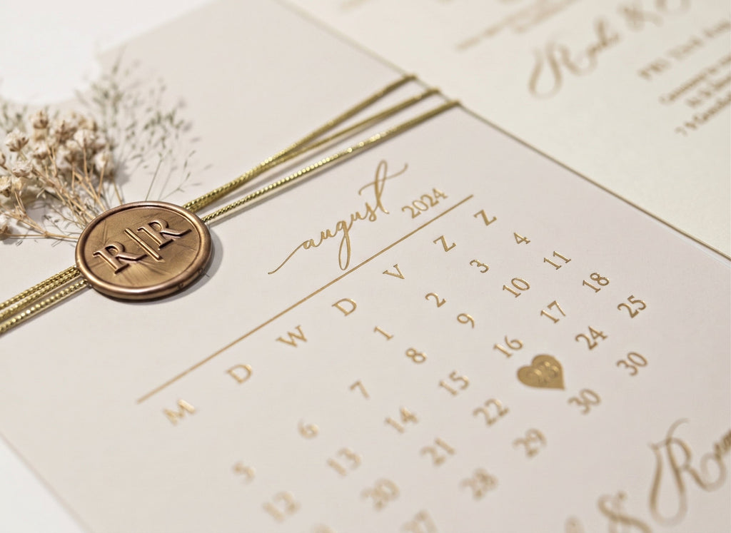 White Acrylic Wedding Invitation, Gold Foil Clear Card, Calendar Wedding Invite LunaInvites