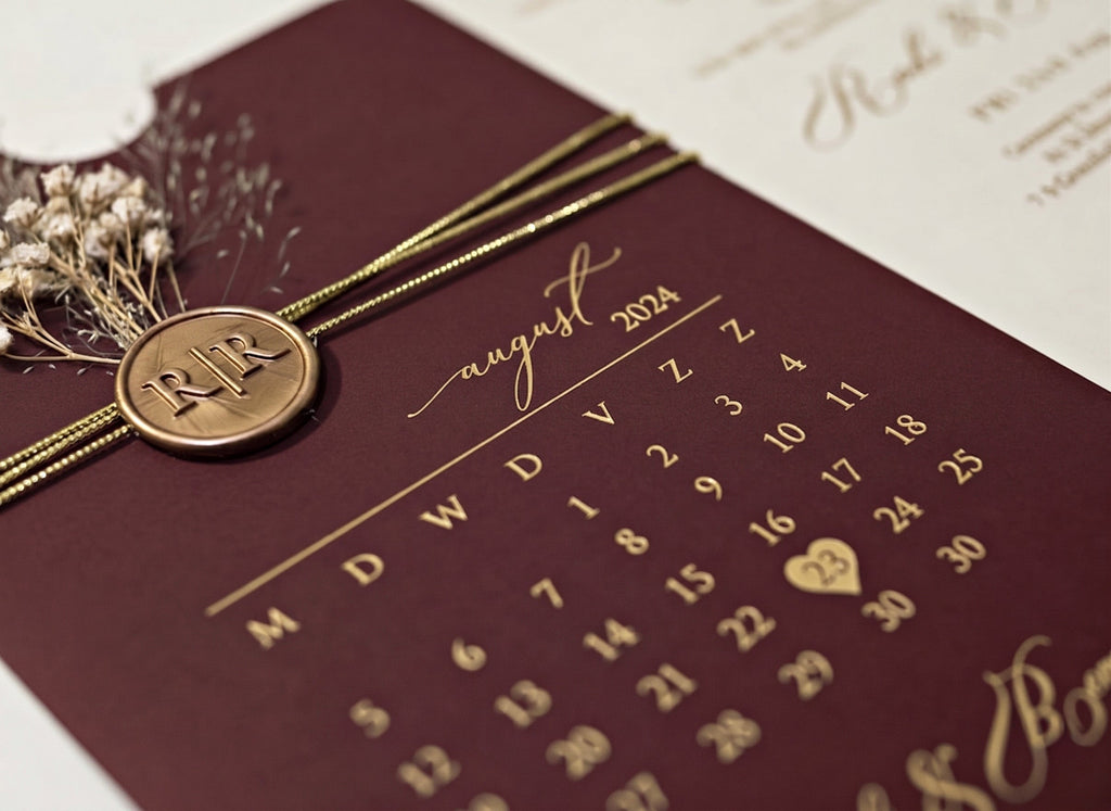 Burgundy Acrylic Wedding Invitation, Gold Foil Clear Card, Calendar Wedding Invite LunaInvites
