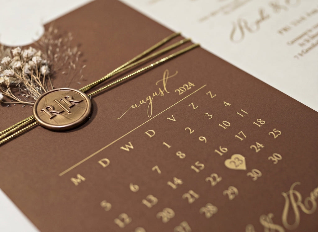 Brown Acrylic Wedding Invitation, Gold Foil Clear Card, Calendar Wedding Invite LunaInvites