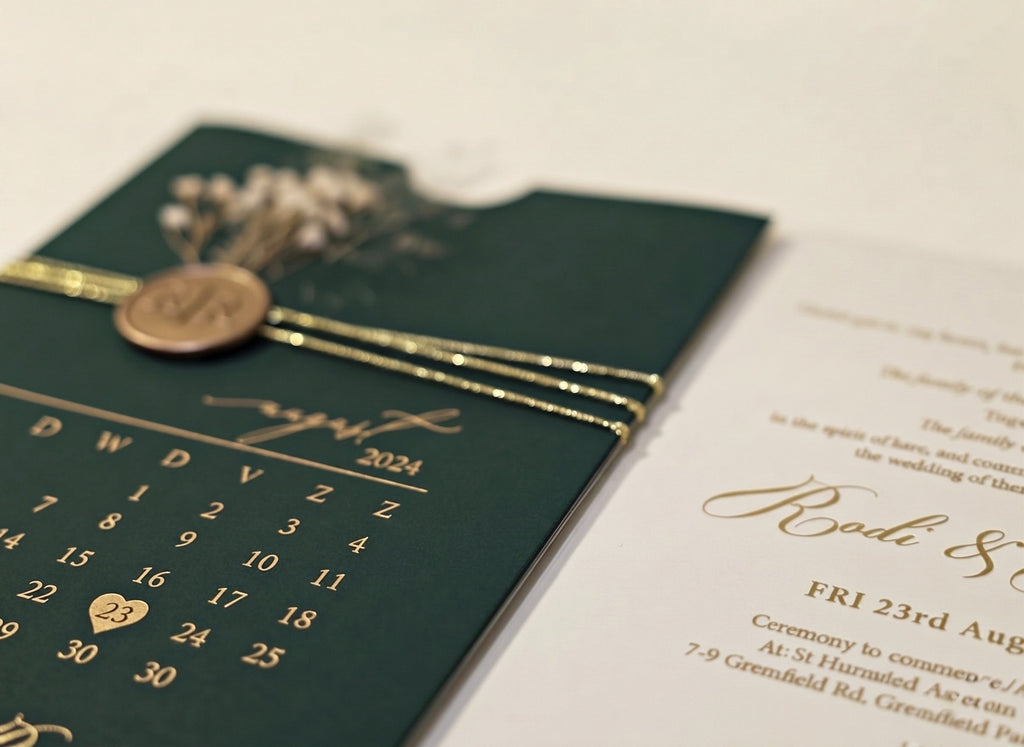 Green Acrylic Wedding Invitation, Gold Foil Clear Card, Calendar Wedding Invite LunaInvites