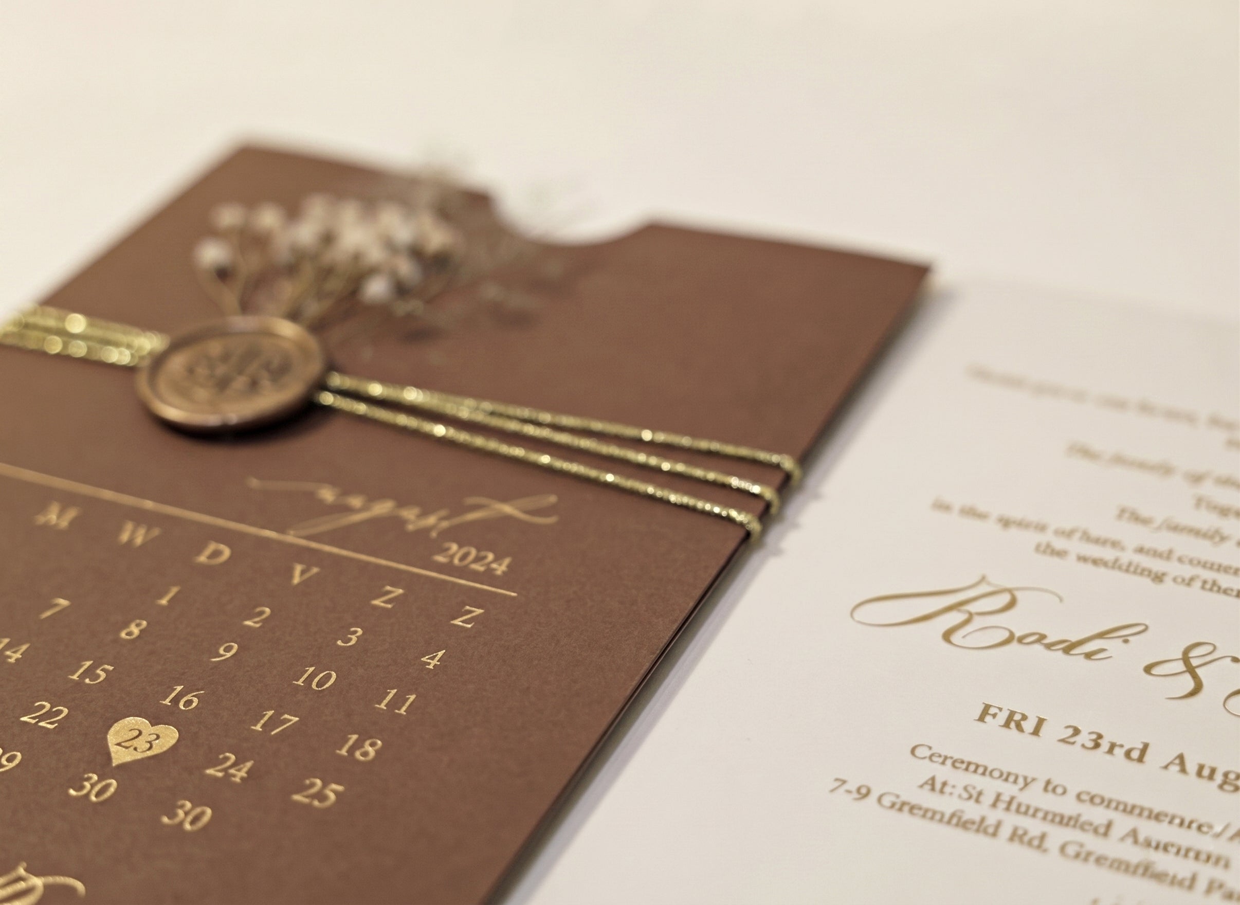 Brown Acrylic Wedding Invitation, Gold Foil Clear Card, Calendar Wedding Invite LunaInvites