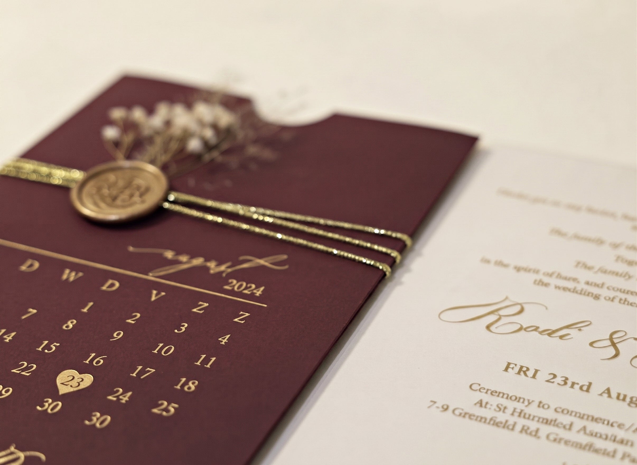 Burgundy Acrylic Wedding Invitation, Gold Foil Clear Card, Calendar Wedding Invite LunaInvites