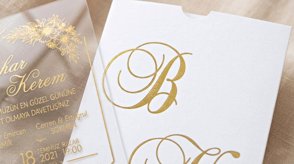 Clear Acrylic Wedding Invitation, Gold Foil Floral Design, Monogram Envelope LunaInvites