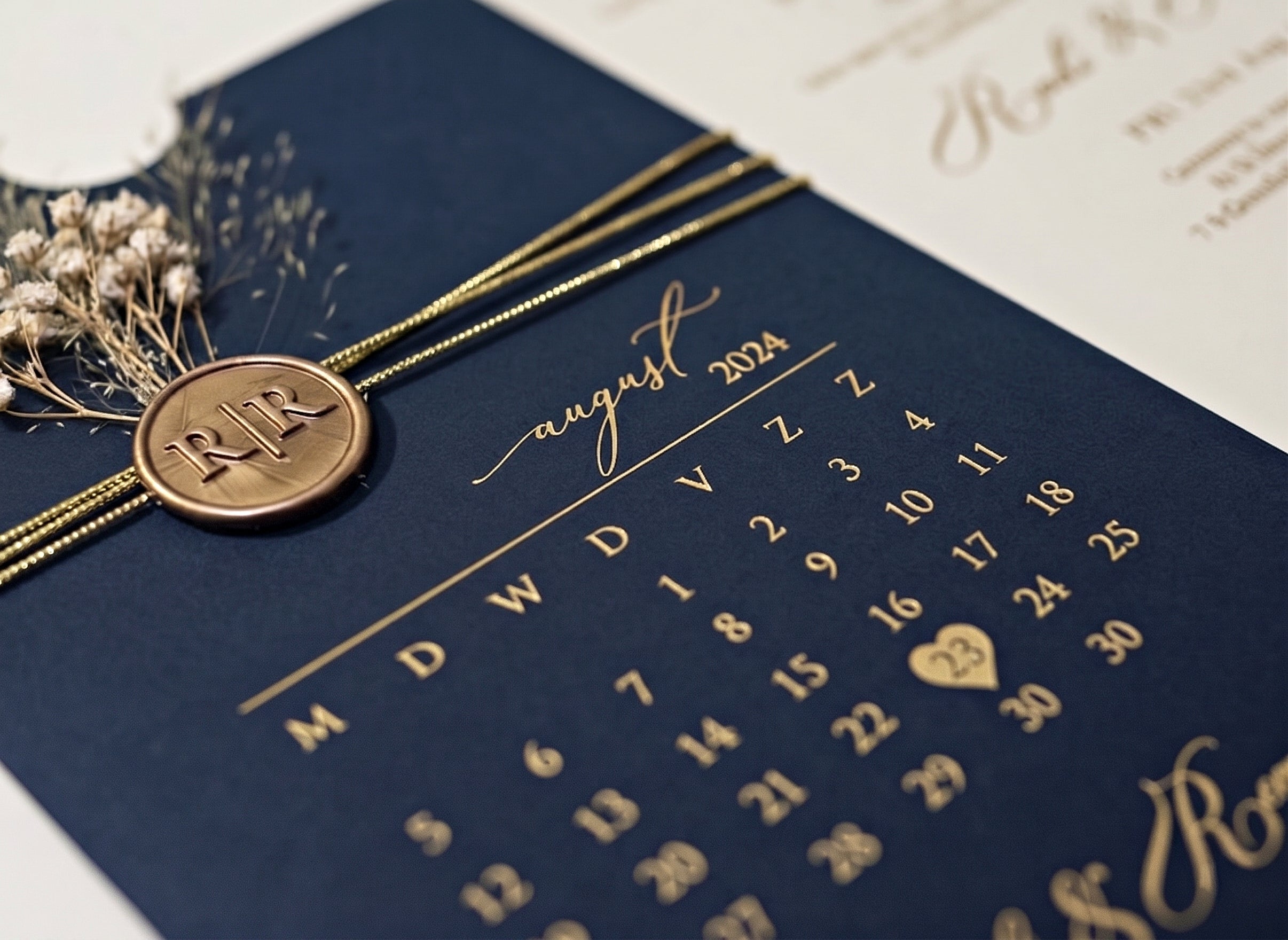 Navy Blue Acrylic Wedding Invitation, Gold Foil Clear Card, Calendar Wedding Invite LunaInvites