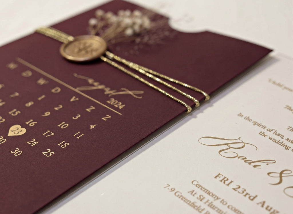 Burgundy Acrylic Wedding Invitation, Gold Foil Clear Card, Calendar Wedding Invite LunaInvites