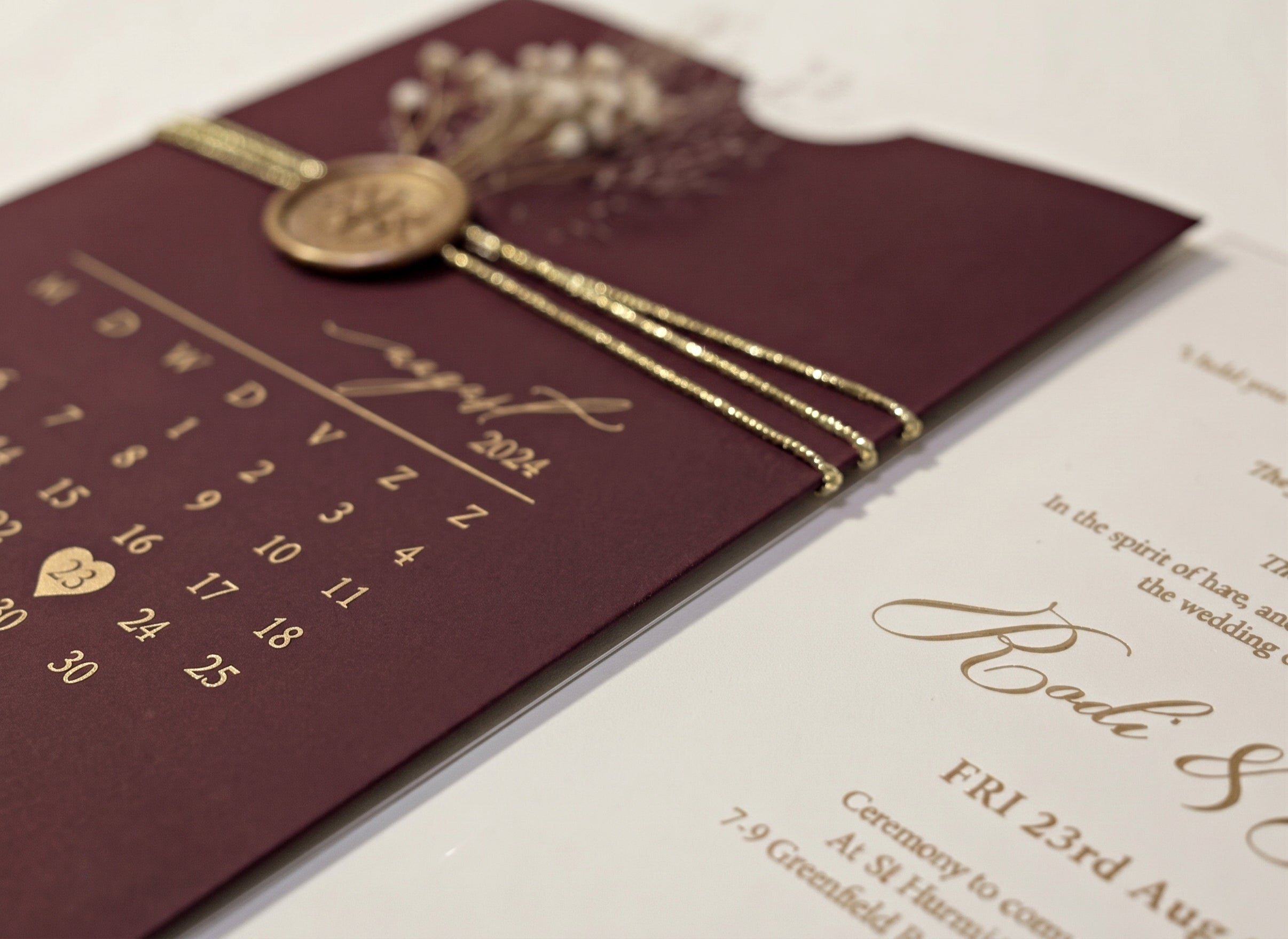 Burgundy Acrylic Wedding Invitation, Gold Foil Clear Card, Calendar Wedding Invite LunaInvites