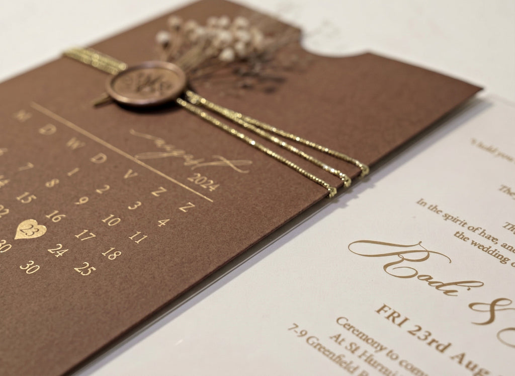 Brown Acrylic Wedding Invitation, Gold Foil Clear Card, Calendar Wedding Invite LunaInvites