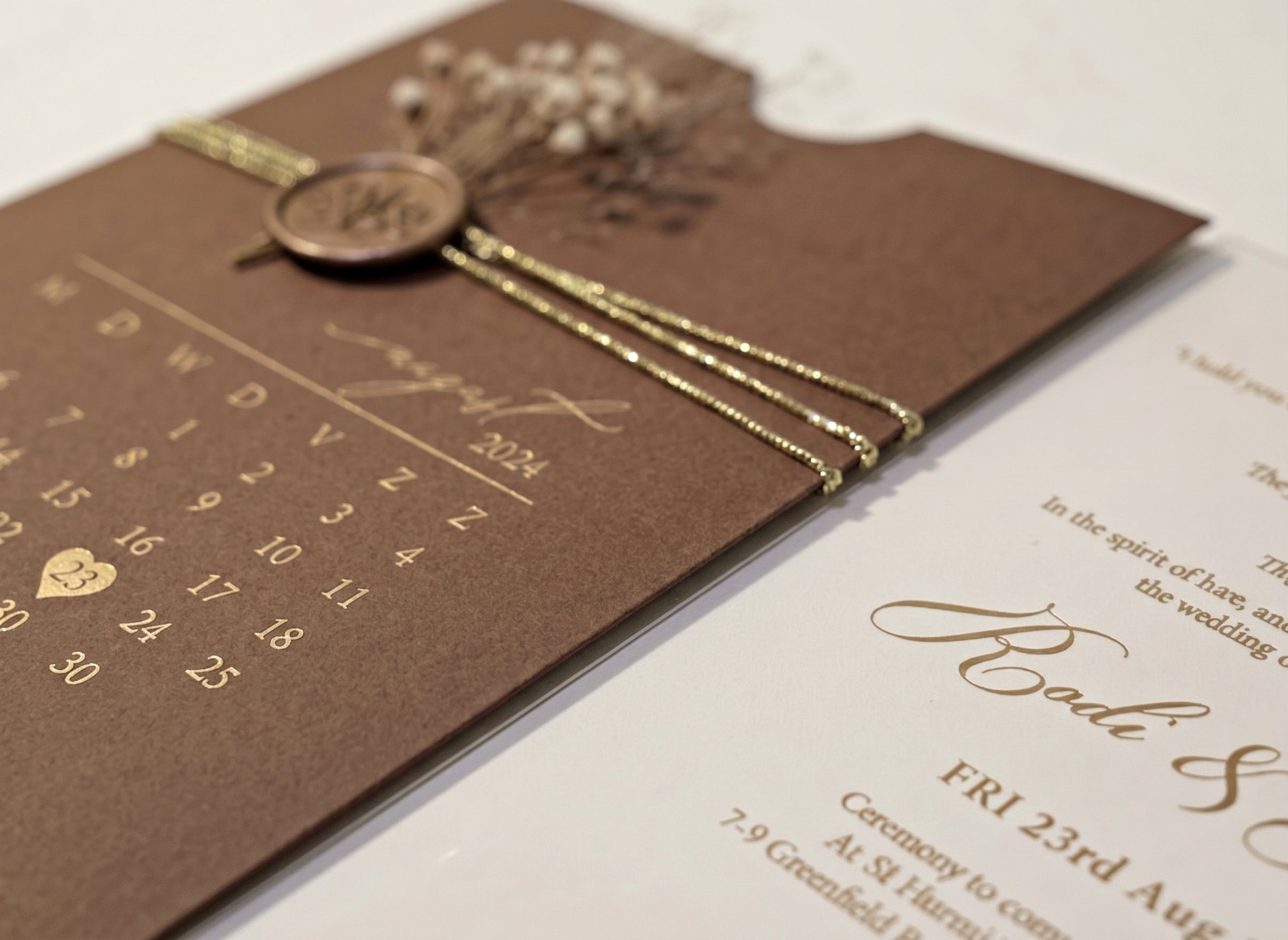 Brown Acrylic Wedding Invitation, Gold Foil Clear Card, Calendar Wedding Invite LunaInvites