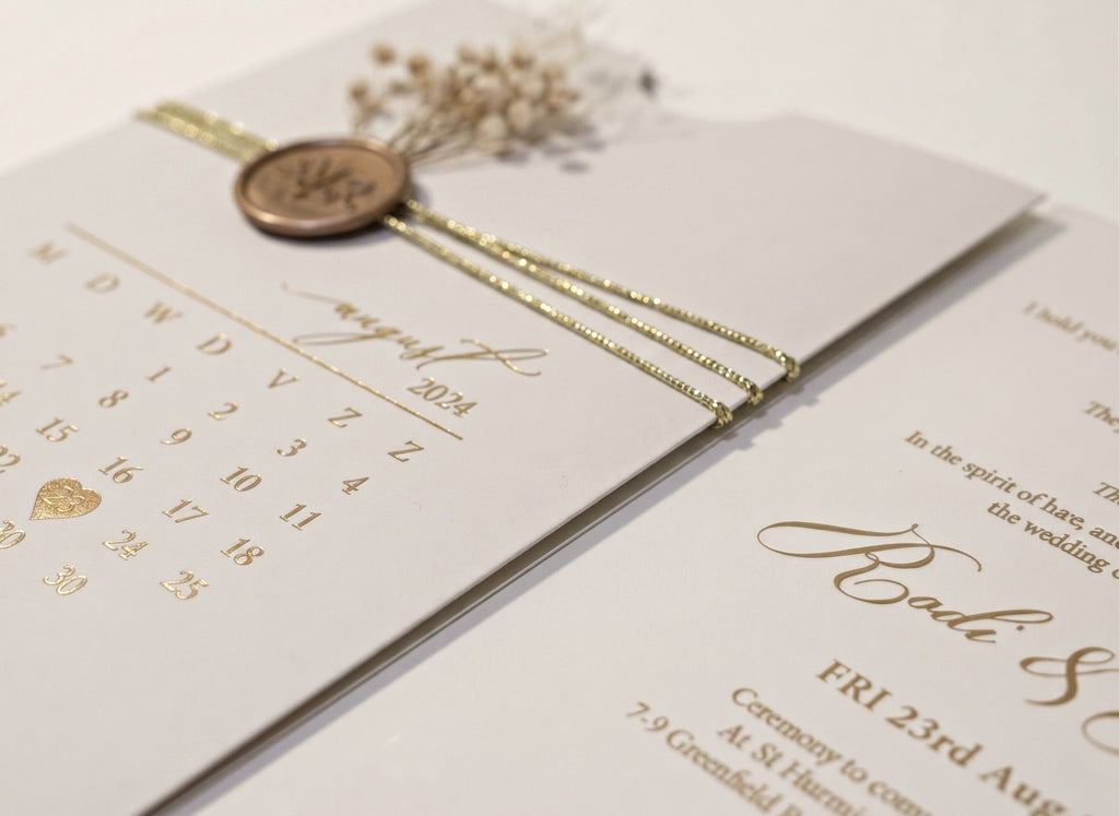 White Acrylic Wedding Invitation, Gold Foil Clear Card, Calendar Wedding Invite LunaInvites