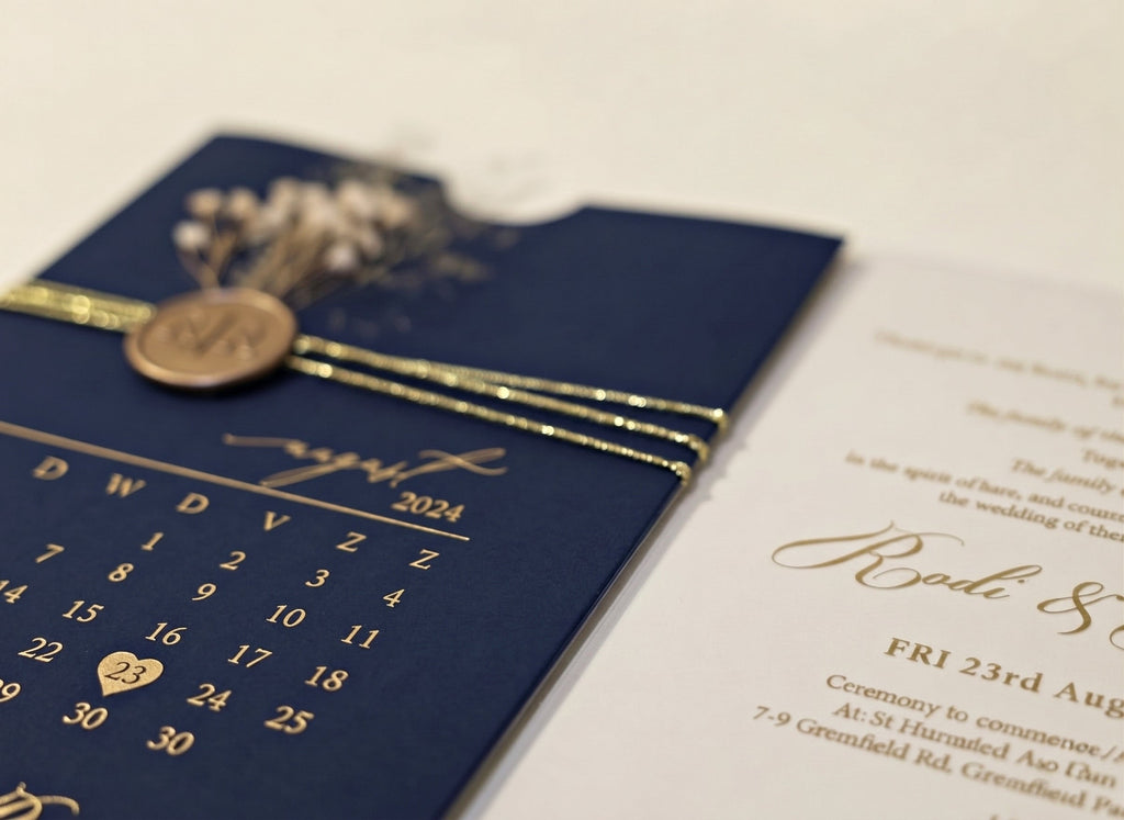 Navy Blue Acrylic Wedding Invitation, Gold Foil Clear Card, Calendar Wedding Invite LunaInvites