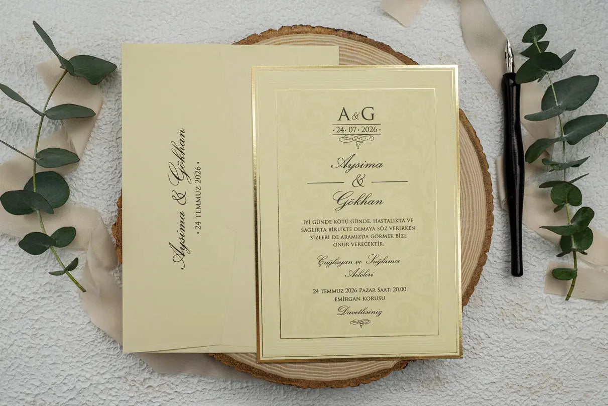 Cream Wedding Invitation Card with Gold Border – Timeless Elegant Style LunaInvites