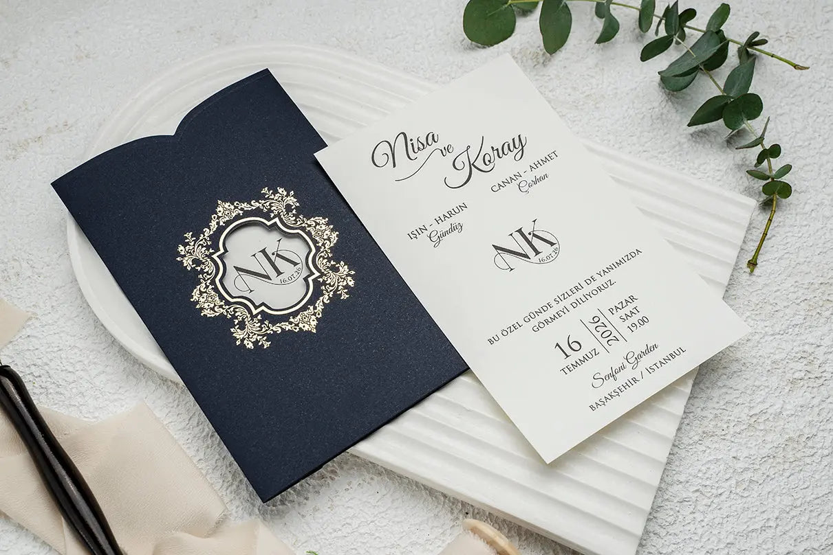 Luxury Navy Blue Wedding Invitation Card with Gold Foil Frame LunaInvites