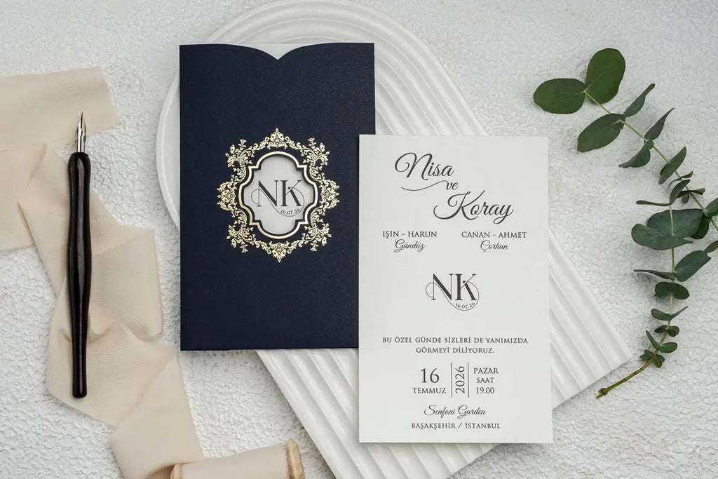 Luxury Navy Blue Wedding Invitation Card with Gold Foil Frame LunaInvites