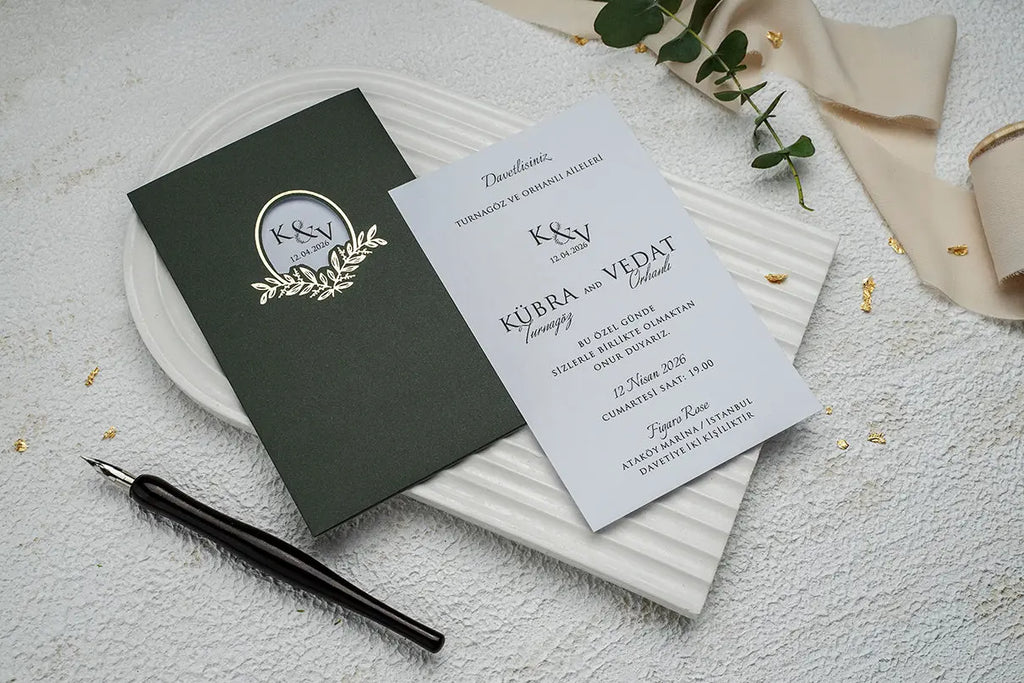 Green Classic Wedding Invitation Card with Gold Foil Monogram LunaInvites