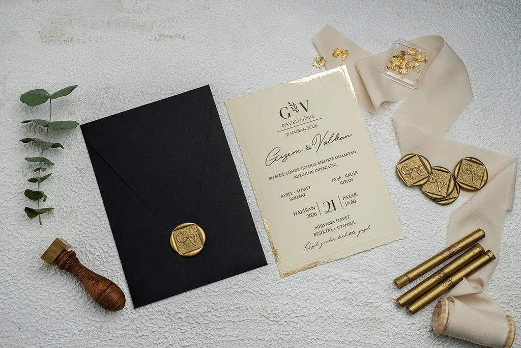Black Classic Wedding Invitation Card with Wax Seal – Elegant Design LunaInvites