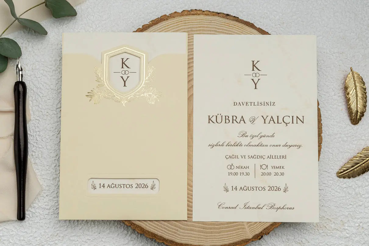 Ivory Classic Wedding Invitation Card with Gold Foil Crest – Elegant Style LunaInvites