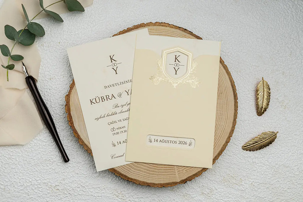 Ivory Classic Wedding Invitation Card with Gold Foil Crest – Elegant Style LunaInvites
