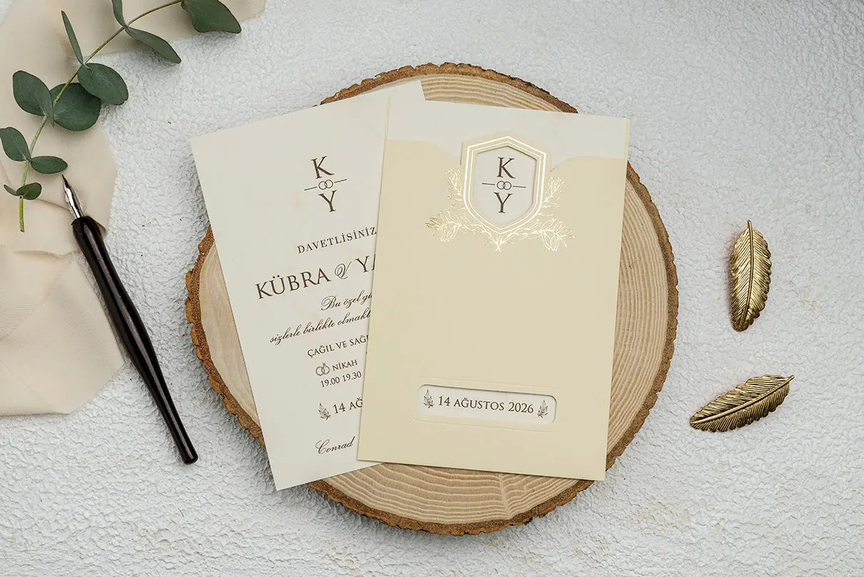 Ivory Classic Wedding Invitation Card with Gold Foil Crest – Elegant Style LunaInvites