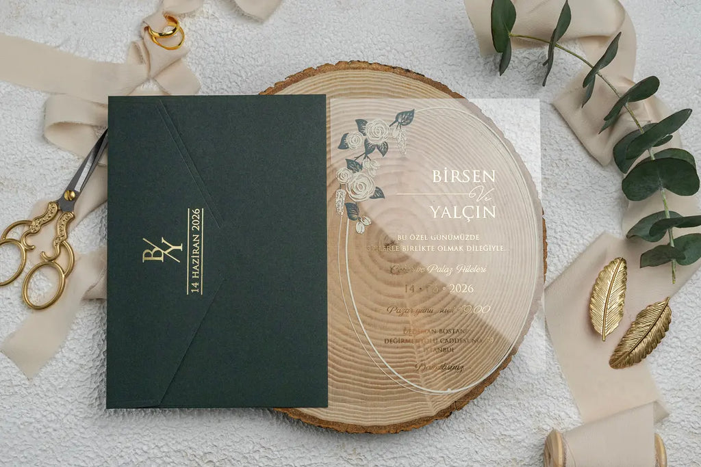 Green Botanical Acrylic Wedding Invitation – Clear Elegant Floral Design LunaInvites