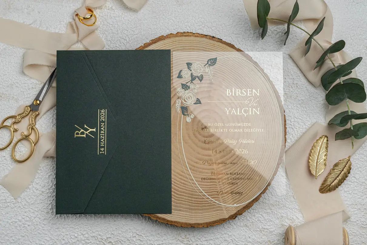 Green Botanical Acrylic Wedding Invitation – Clear Elegant Floral Design LunaInvites