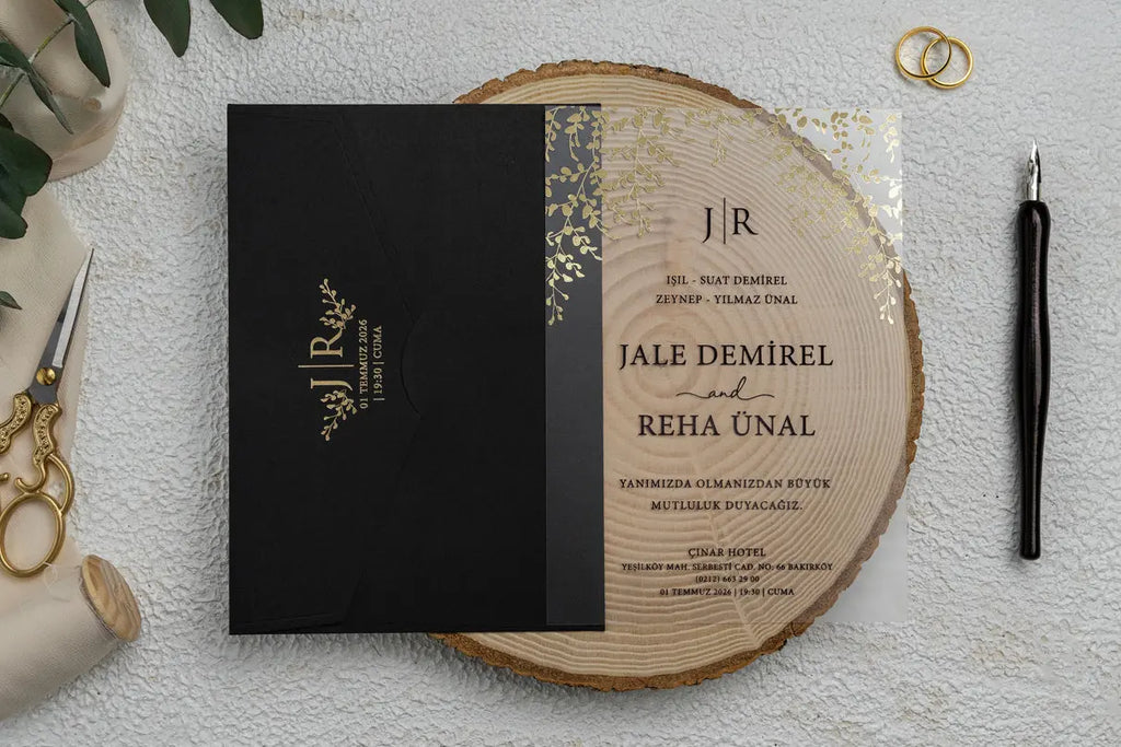 Black Acrylic Wedding Invitation with Gold Botanical Details – Luxury Style LunaInvites