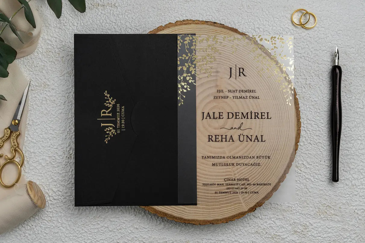Black Acrylic Wedding Invitation with Gold Botanical Details – Luxury Style LunaInvites