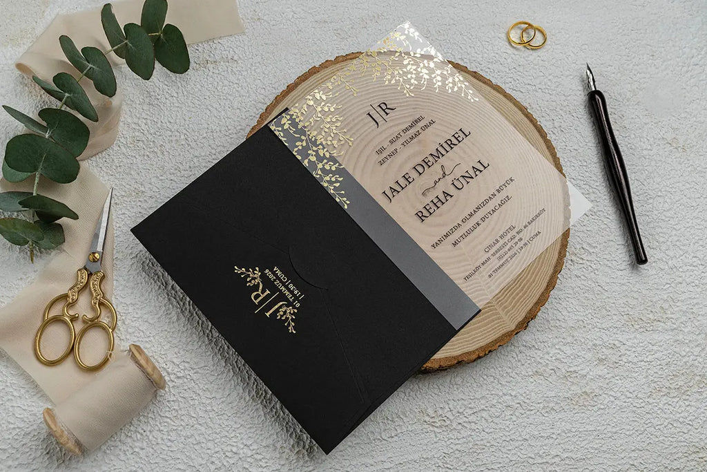 Black Acrylic Wedding Invitation with Gold Botanical Details – Luxury Style LunaInvites