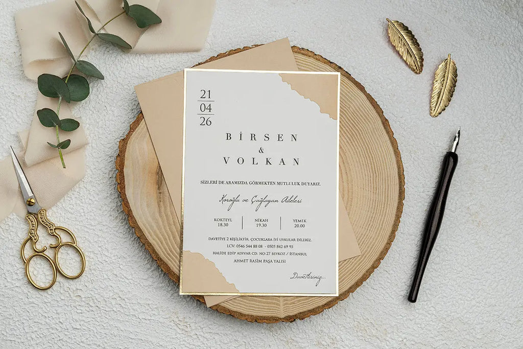 Beige Classic Wedding Invitation Card with Gold Frame – Minimal Elegant LunaInvites