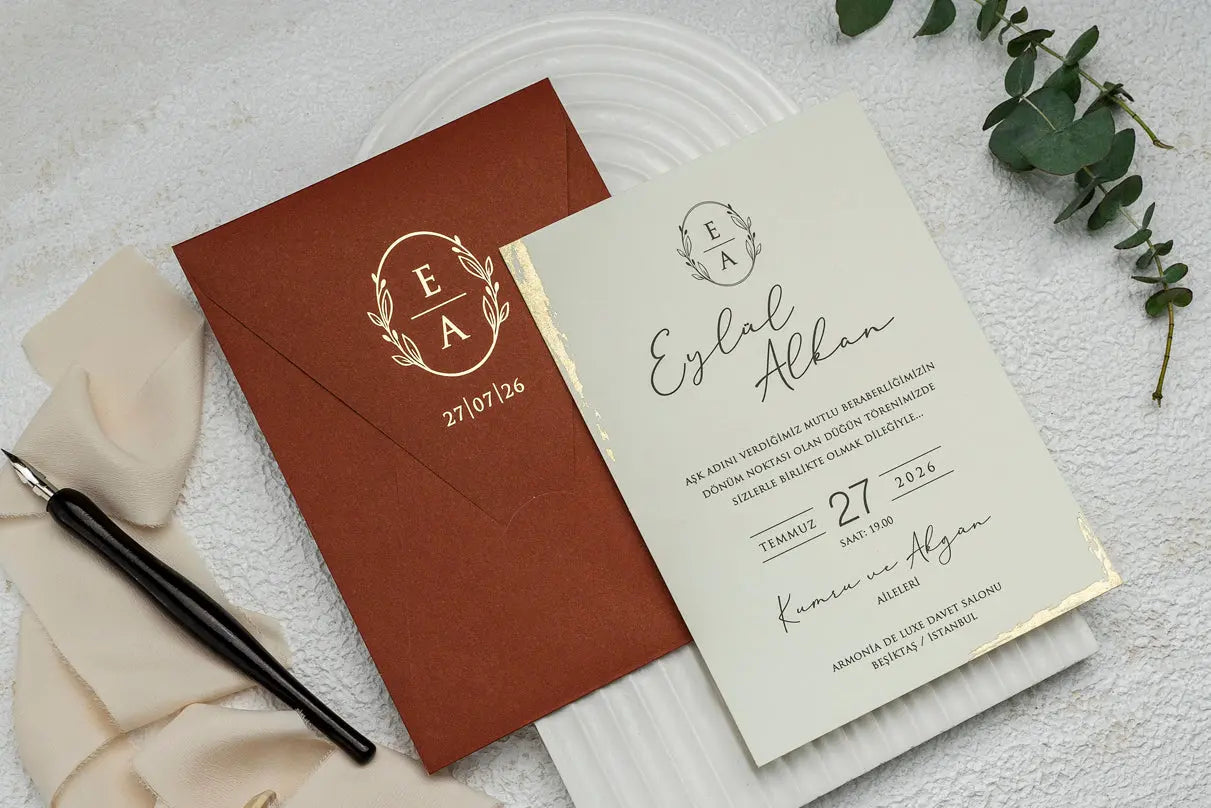 Terracotta Wedding Invitation Card with Gold Foil Details LunaInvites