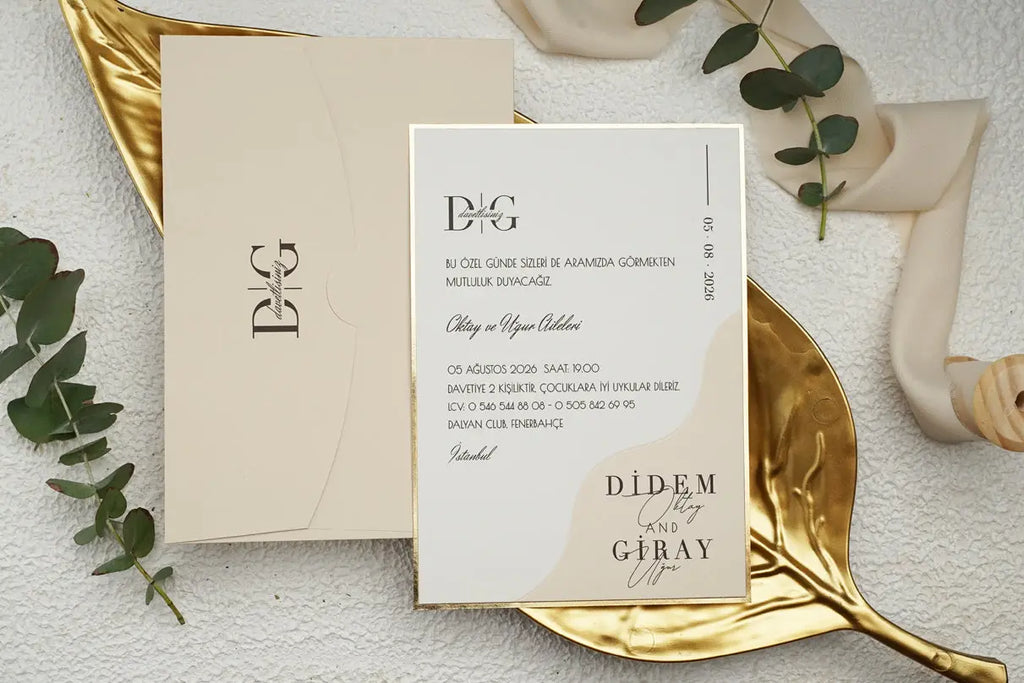 Minimal Beige Classic Wedding Invitation Card with Gold Frame LunaInvites