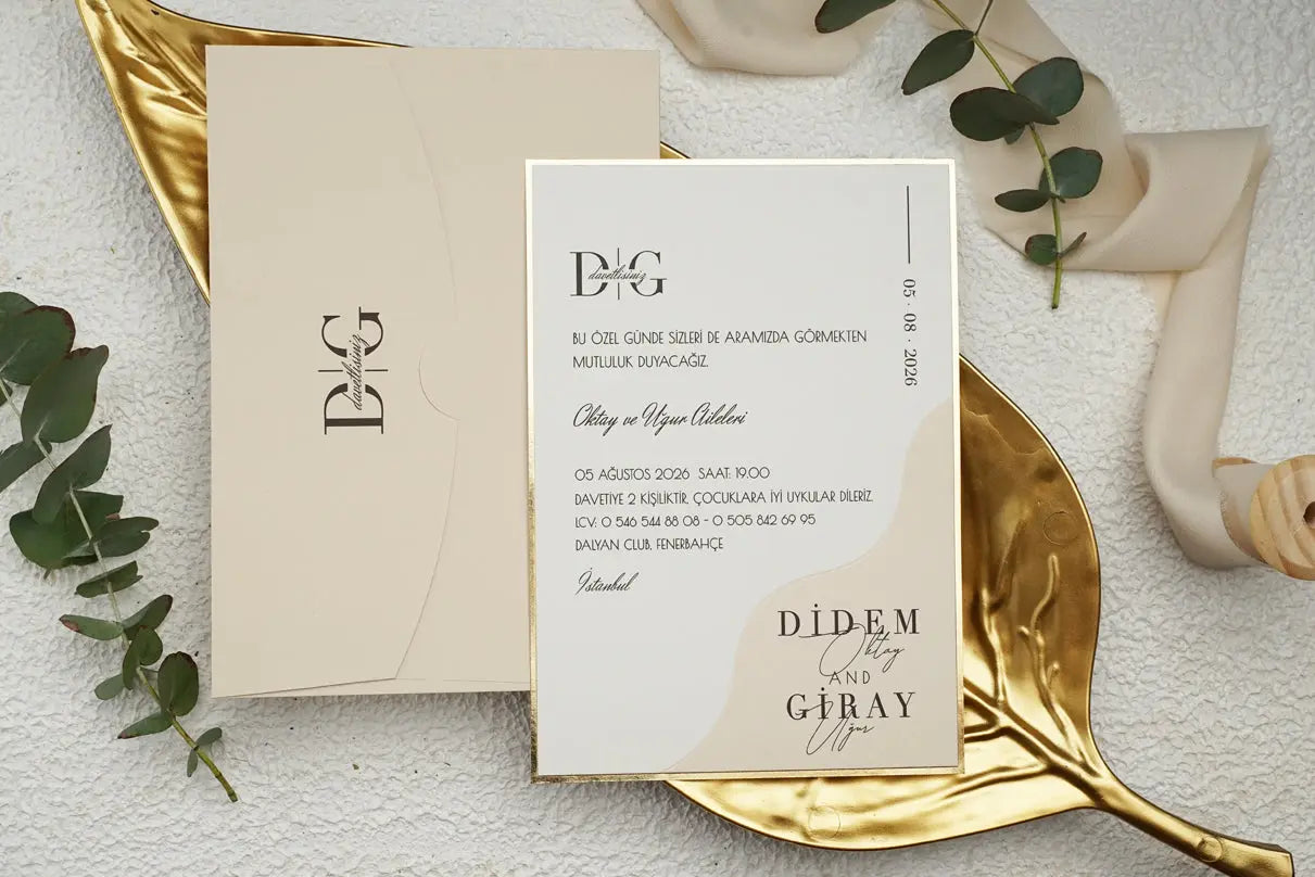 Minimal Beige Classic Wedding Invitation Card with Gold Frame LunaInvites
