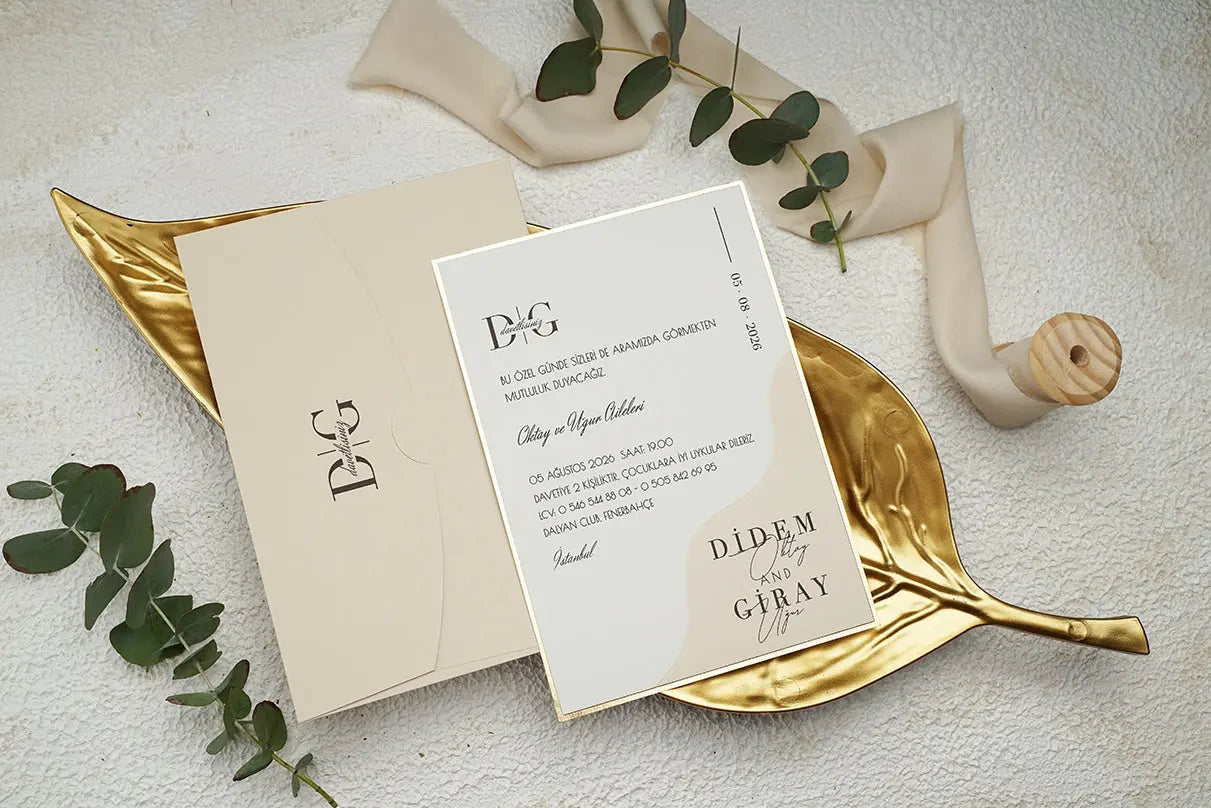 Minimal Beige Classic Wedding Invitation Card with Gold Frame LunaInvites