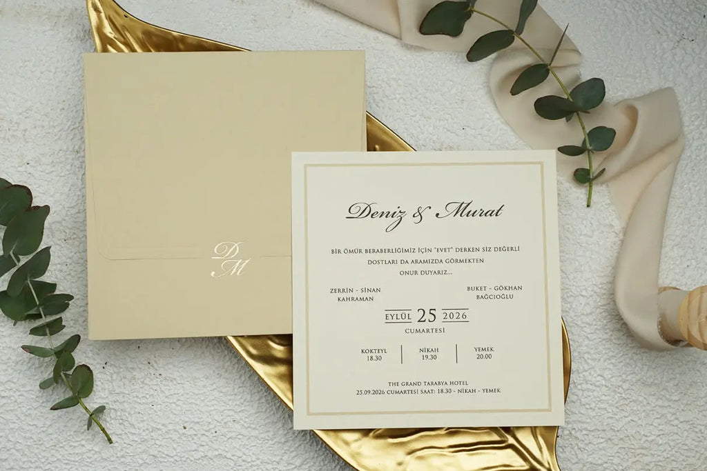 Ivory Classic Wedding Invitation Card with Gold Border – Elegant Style LunaInvites